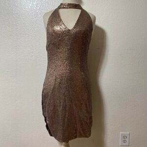 Morrisday The Label Brown Sequined Halter Mini Cocktail Dress Open Back Size L